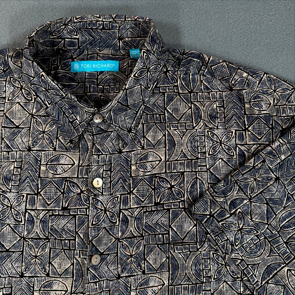 Tori Richard Hawaii Mens Large Navy Blue Geometric Tribal Cotton Lawn Shirt L